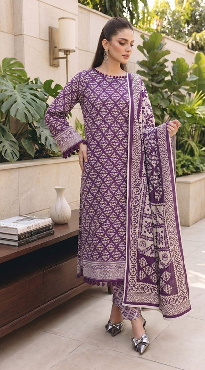 D# 11134 PURPLE 3 PCS Unstitched Lawn
