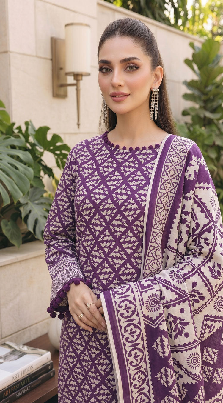 D# 11134 PURPLE 3 PCS Unstitched Lawn