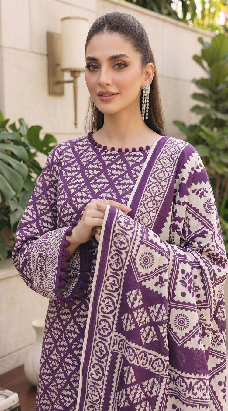 D# 11134 PURPLE 3 PCS Unstitched Lawn