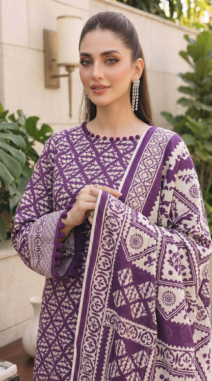 D# 11134 PURPLE 3 PCS Unstitched Lawn