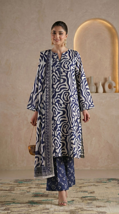 D# 11138 Blue 3 PCS Unstitched Lawn