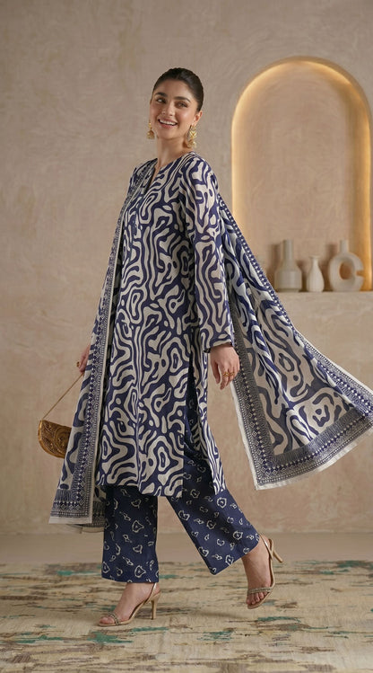 D# 11138 Blue 3 PCS Unstitched Lawn