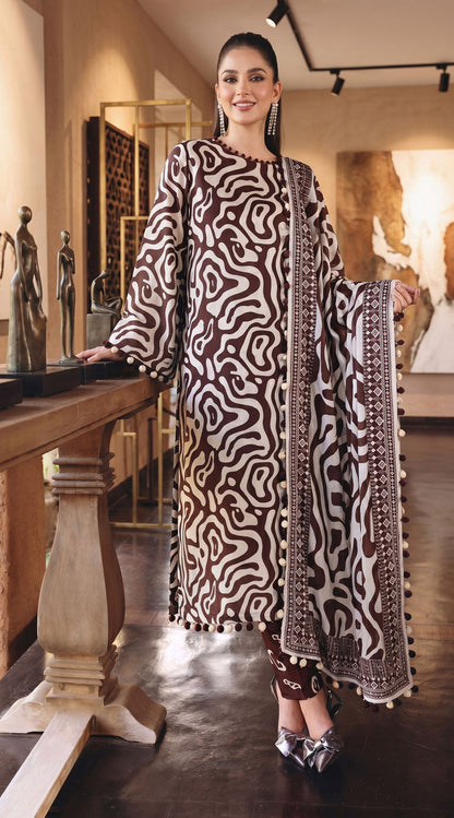 D# 11138 Brown 3 PCS Unstitched Lawn