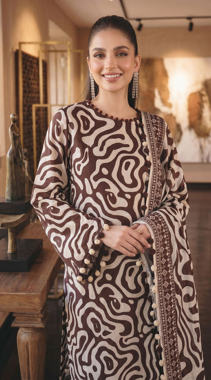D# 11138 Brown 3 PCS Unstitched Lawn