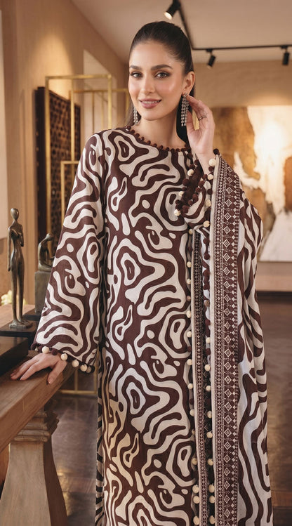 D# 11138 Brown 3 PCS Unstitched Lawn