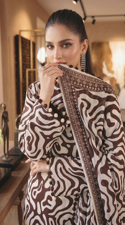 D# 11138 Brown 3 PCS Unstitched Lawn