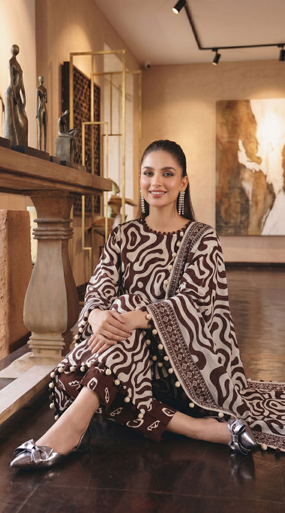 D# 11138 Brown 3 PCS Unstitched Lawn