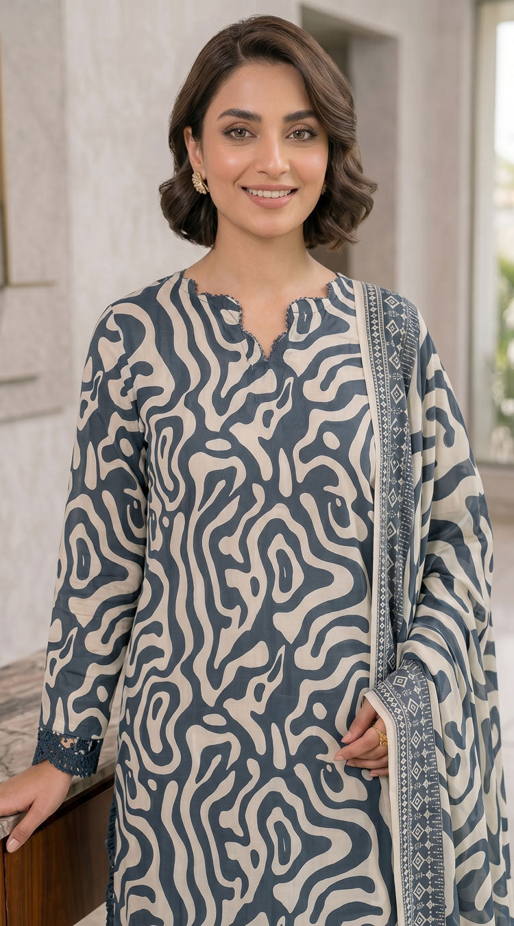 D# 11138 Grey 3 PCS Unstitched Lawn