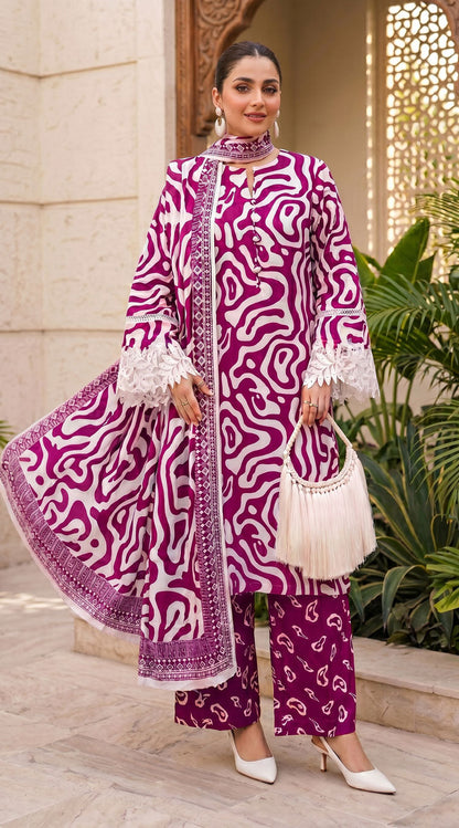 D# 11138 Majanta 3 PCS Unstitched Lawn