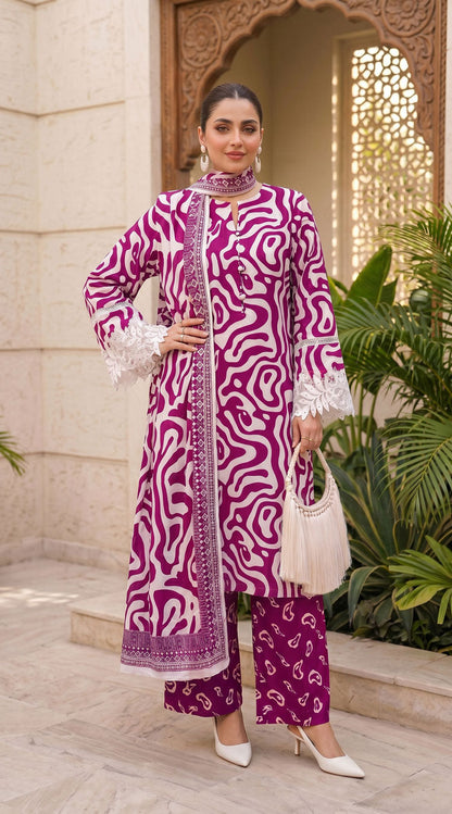 D# 11138 Majanta 3 PCS Unstitched Lawn
