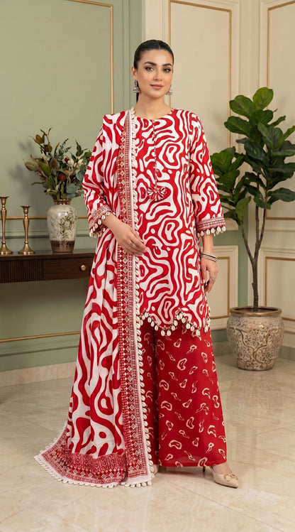 D# 11138 RED 3 PCS Unstitched Lawn