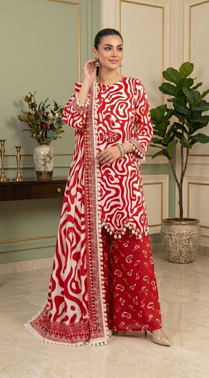 D# 11138 RED 3 PCS Unstitched Lawn