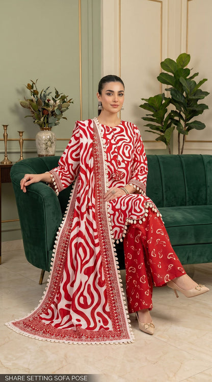 D# 11138 RED 3 PCS Unstitched Lawn