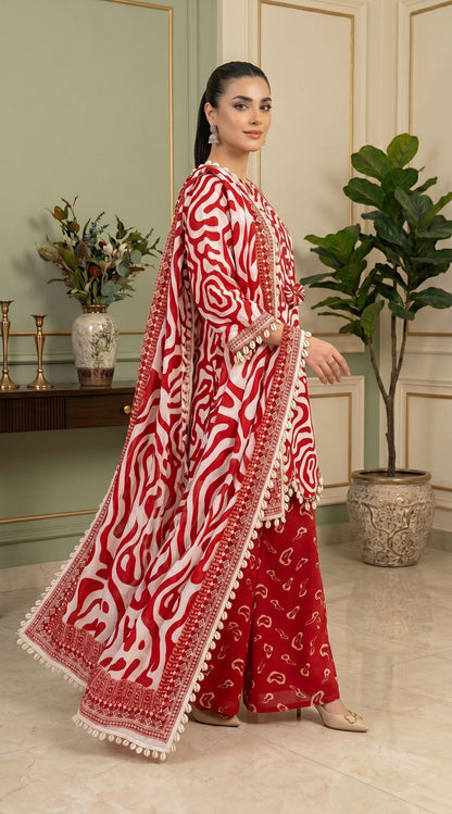 D# 11138 RED 3 PCS Unstitched Lawn