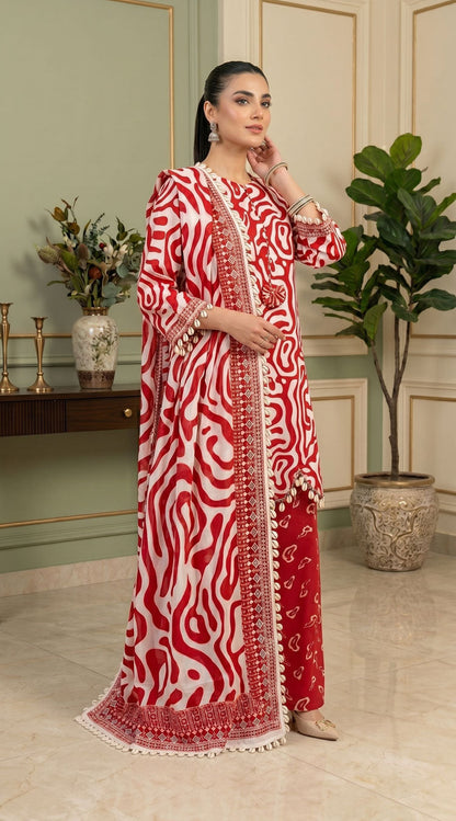 D# 11138 RED 3 PCS Unstitched Lawn