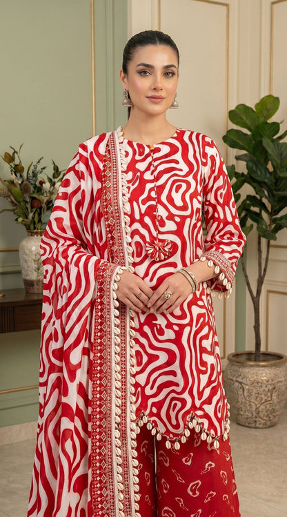 D# 11138 RED 3 PCS Unstitched Lawn
