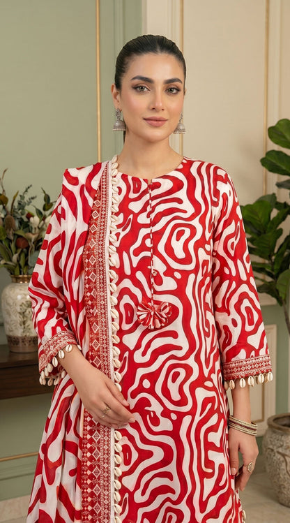 D# 11138 RED 3 PCS Unstitched Lawn