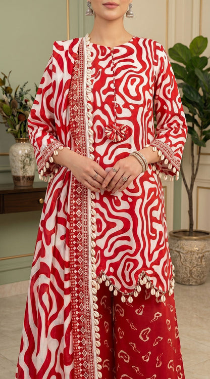 D# 11138 RED 3 PCS Unstitched Lawn