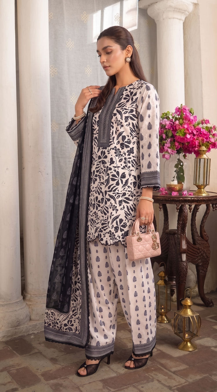 D# 11167 Black & White 3 PCS Unstitched Lawn