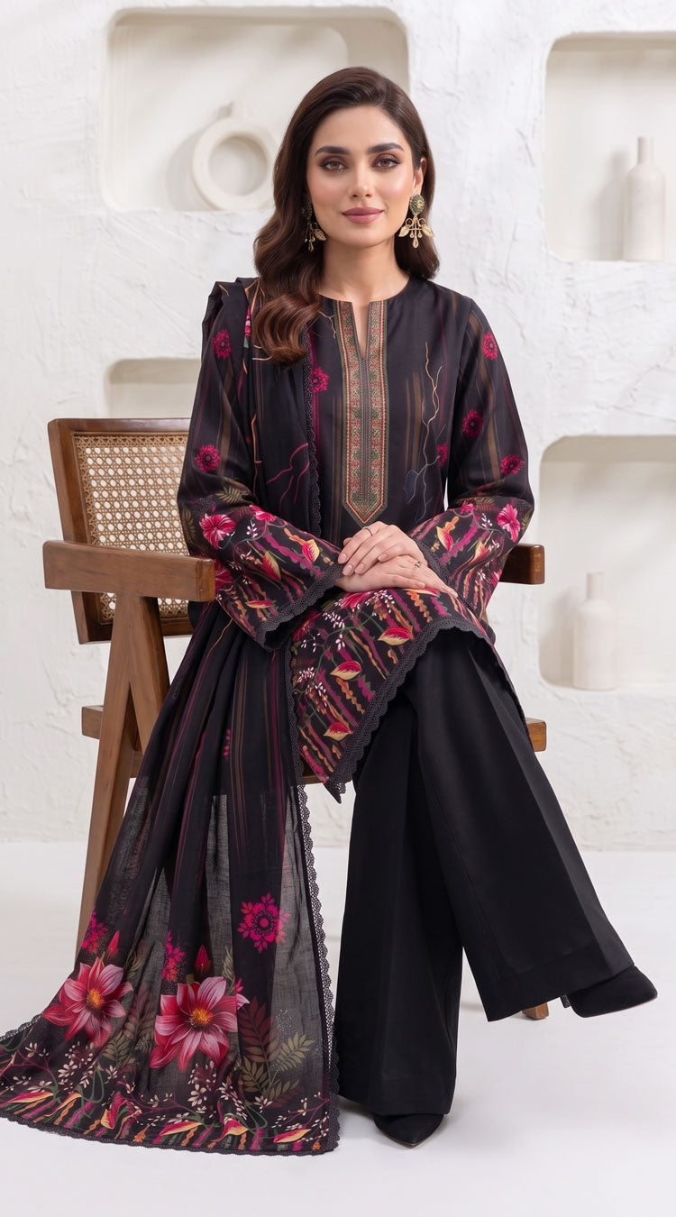 D# 11168 Black 3 PCS Unstitched Lawn
