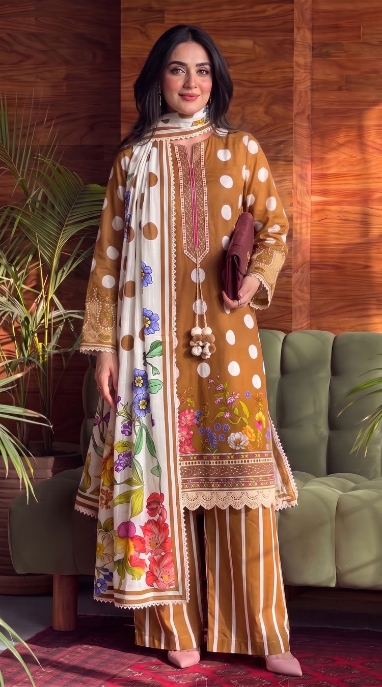 D# 11186 Golden 3 PCS Unstitched Lawn