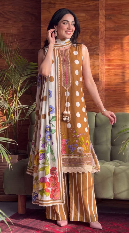 D# 11186 Golden 3 PCS Unstitched Lawn