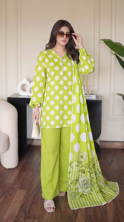 D# 1144 POLKA GREEN 3 PCS Unstitched Lawn