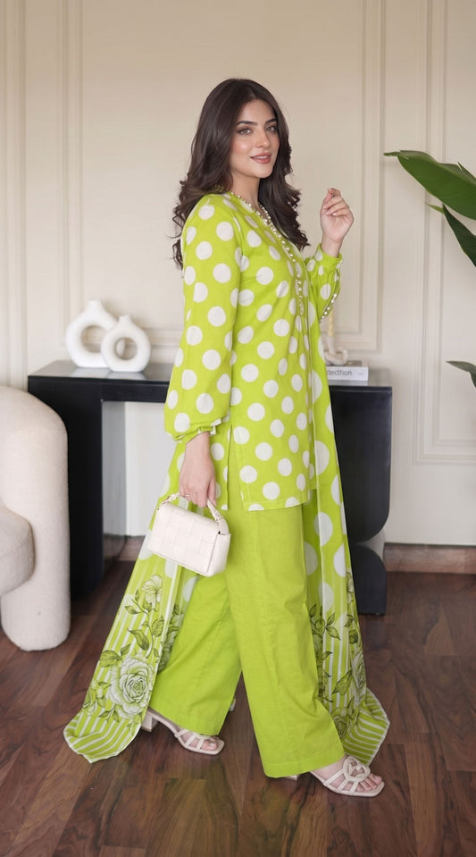D# 1144 POLKA GREEN 3 PCS Unstitched Lawn