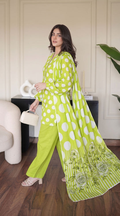 D# 1144 POLKA GREEN 3 PCS Unstitched Lawn