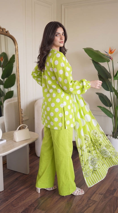 D# 1144 POLKA GREEN 3 PCS Unstitched Lawn