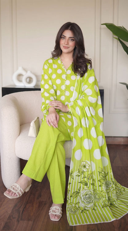 D# 1144 POLKA GREEN 3 PCS Unstitched Lawn