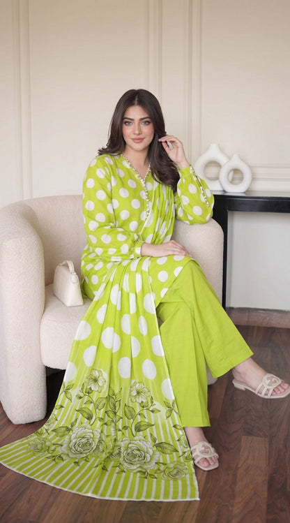 D# 1144 POLKA GREEN 3 PCS Unstitched Lawn
