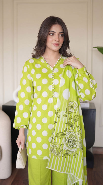 D# 1144 POLKA GREEN 3 PCS Unstitched Lawn