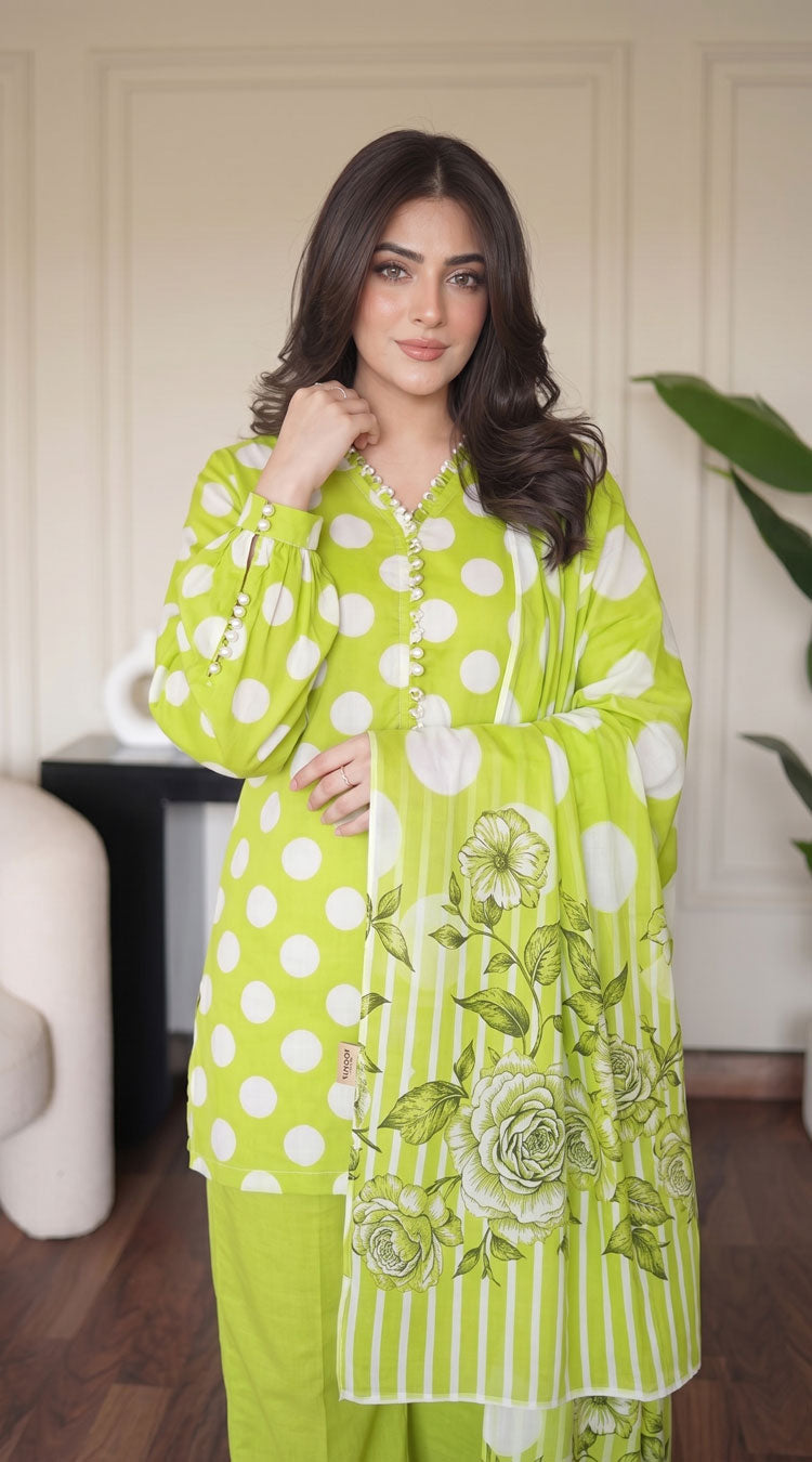 D# 1144 POLKA GREEN 3 PCS Unstitched Lawn