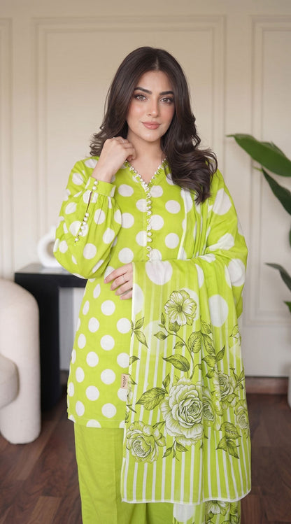 D# 1144 POLKA GREEN 3 PCS Unstitched Lawn