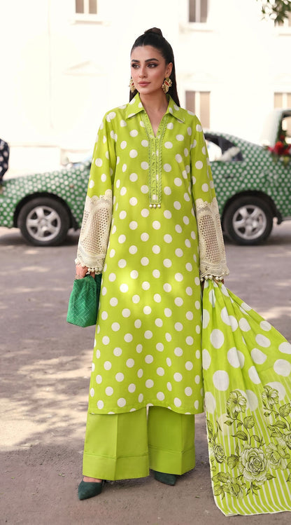 D# 1144 POLKA GREEN 3 PCS Unstitched Lawn