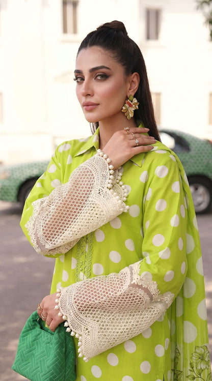 D# 1144 POLKA GREEN 3 PCS Unstitched Lawn