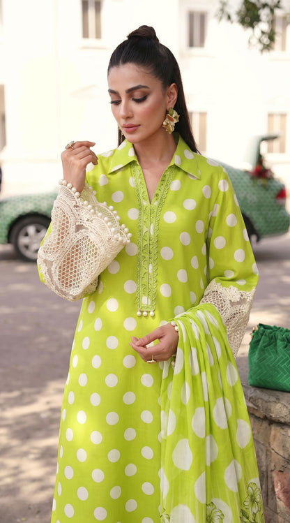 D# 1144 POLKA GREEN 3 PCS Unstitched Lawn
