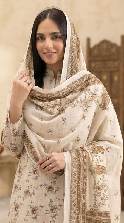 D# 4013 Beige Banadora Lawn 3 Pcs Unstitched