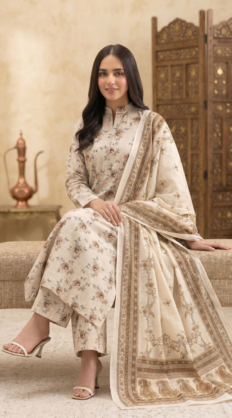 D# 4013 Beige Banadora Lawn 3 Pcs Unstitched