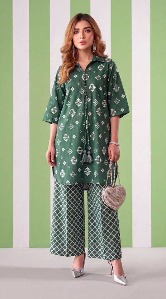 DES # 1371 Green 2 Pcs Unstitched Lawn