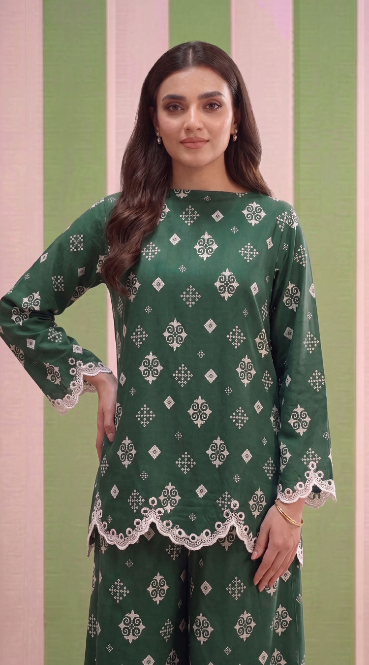 DES # 1371, Green 2 Pcs Unstitched Lawn