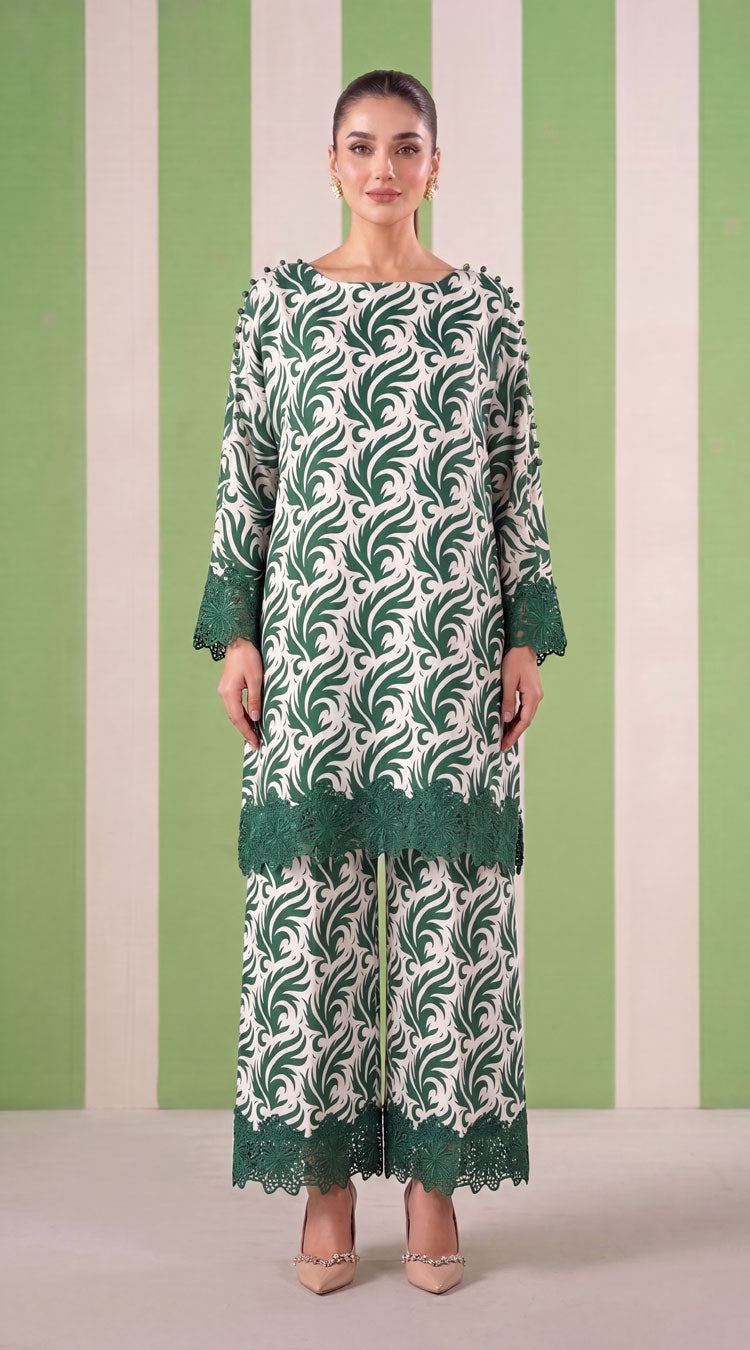 DES # 1372, Green 2 Pcs Unstitched Lawn