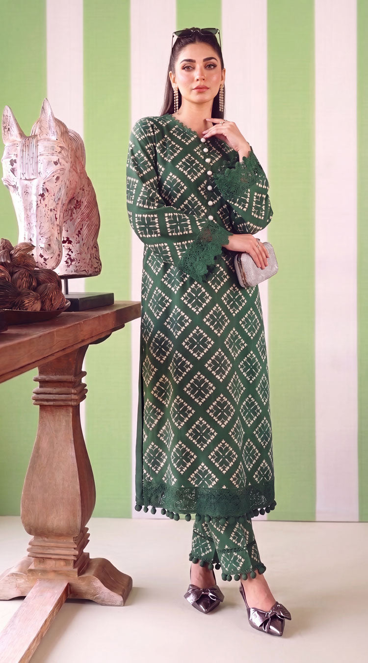 DES # 1376, Green 2 Pcs Unstitched Lawn