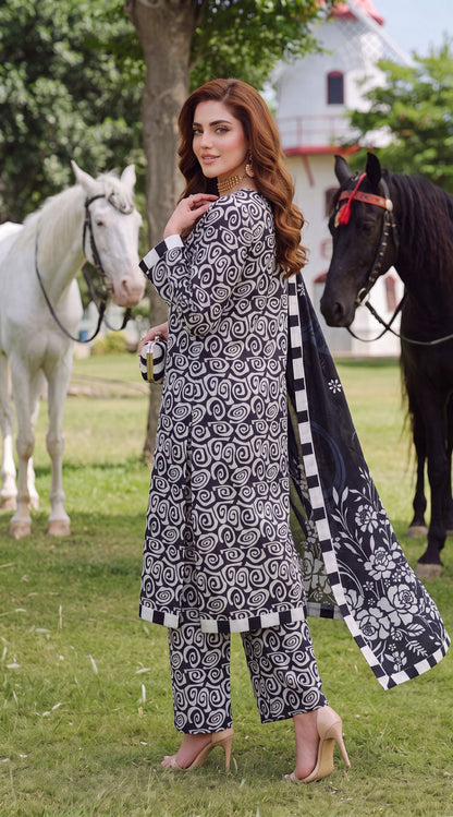 D# 3504 Black & White 3 PCS Unstitched Lawn
