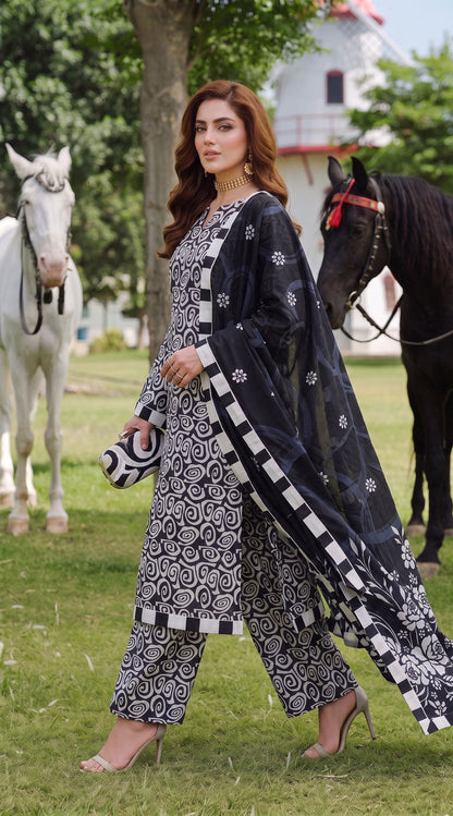 D# 3504 Black & White 3 PCS Unstitched Lawn