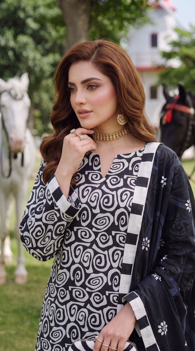 D# 3504 Black & White 3 PCS Unstitched Lawn