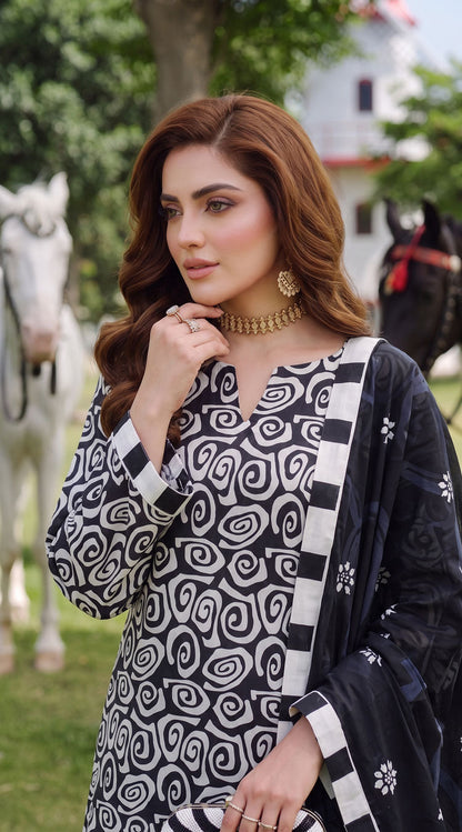 D# 3504 Black & White 3 PCS Unstitched Lawn
