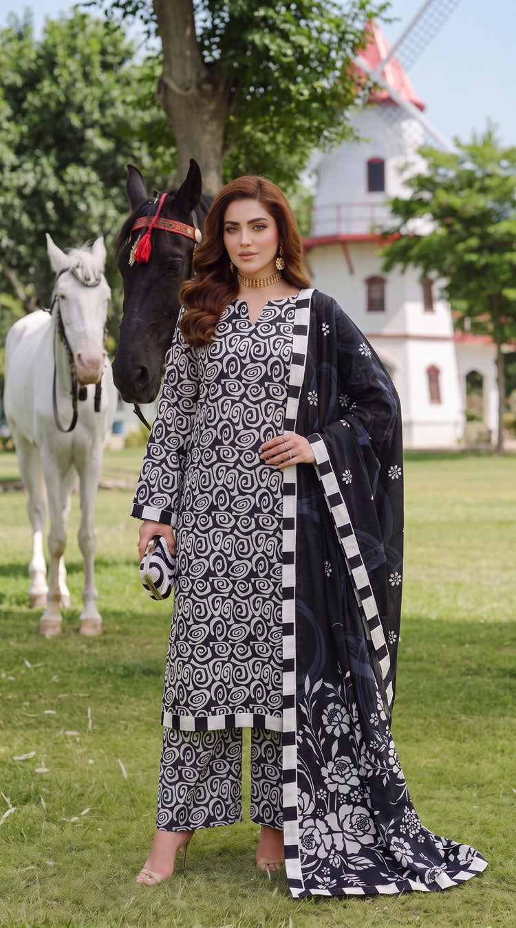 D# 3504 Black & White 3 PCS Unstitched Lawn