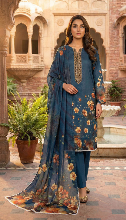 D# 5547 Teal Blue Lawn 3 Pcs Unstitched